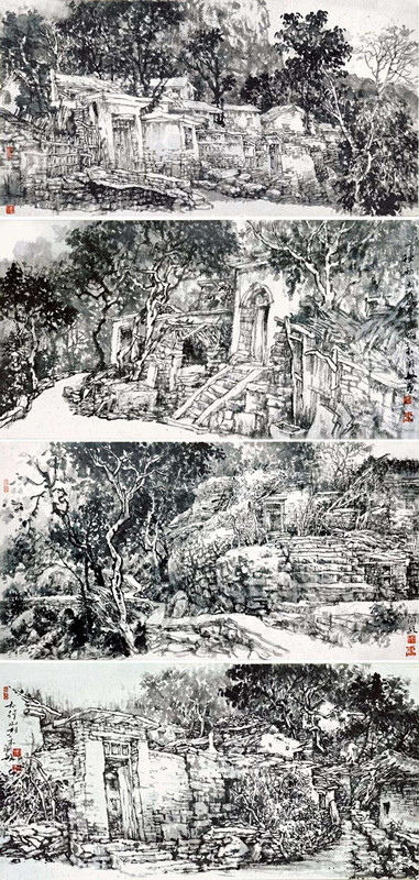阎敏/太行村庄/纸本水墨