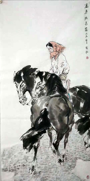 赵国毅人物画作品展作品《高原牧马图》