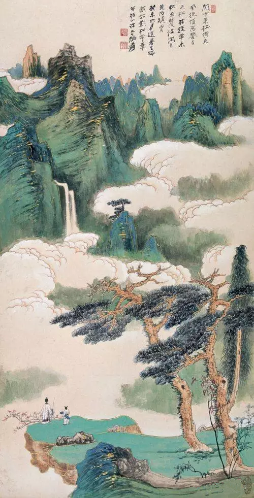 张大千作品 闲吟策杖倚天风