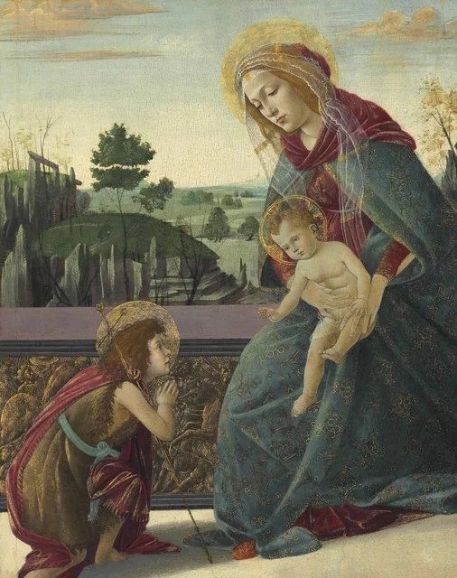 桑德罗·波提切利（Sandro Botticelli）油画作品《圣母、圣婴与年轻的施洗者圣约翰（Madonna and Child with Young Saint John the Baptist）》
